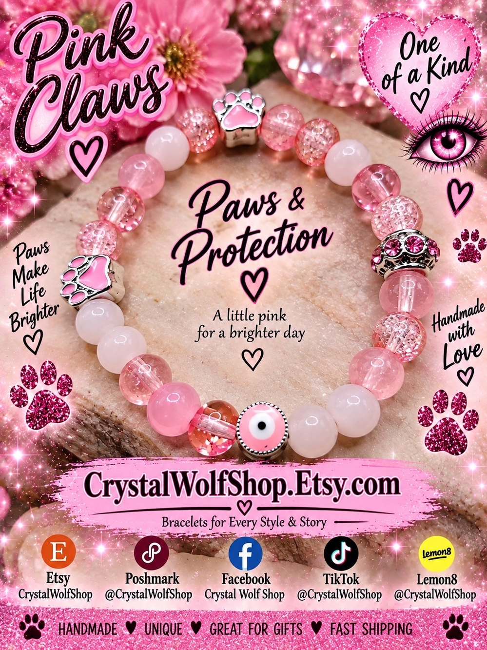 Pink Paws Protection Cat Bracelet — Pink